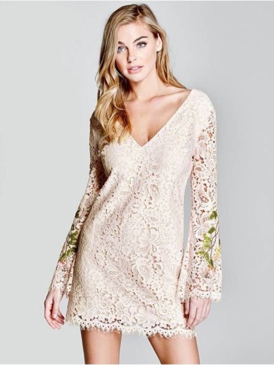 Guess by Marciano Dresses & Skirts - Guess by Marciano Cream Lace V-Neck Long Sleeve Mini Dress with Floral Accent